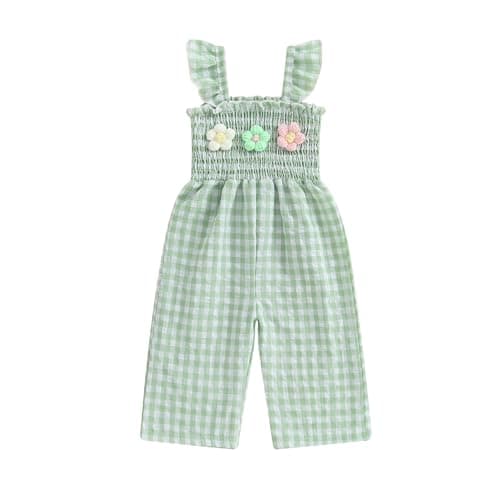 Image of Geagodelia Summer Outfit Baby Girl Rompers Toddler Ruffle Sleeveless Infant Girls Plaid Print Jumpsuit Suspender Pants One Piece Clothes (Green, 2-3T)