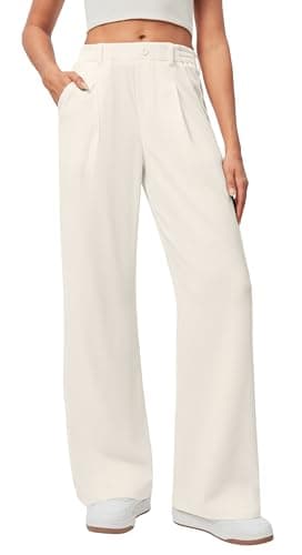 Image of Ewedoos Wide Leg Trousers for Women Stretch Ladies Work Palazzo Trousers with Pockets High Elasticated Waist Yoga Pants Business Casual White