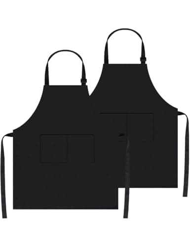 Image of Professional Adjustable Black 100% Cotton Apron with 2 Pockets Cooking Kitchen Chef Women Men Aprons for Home Kitchen, Restaurant, Coffee House, Baking Gardening BBQ 2 Pack