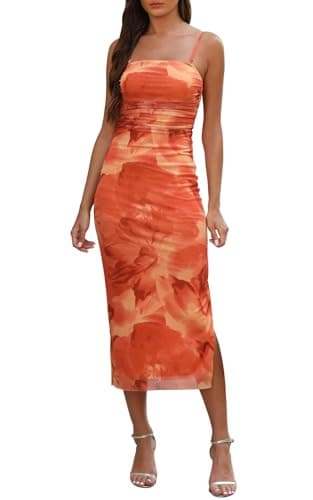 Image of Adigaber Women's Mesh Dress Spaghetti Strap Printed Side Slit Fitted Maxi Dress Orange