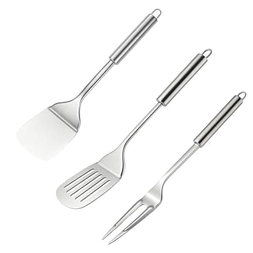 Image of 3-Piece Stainless Steel Spatulas Set, Kitchen Cooking Utensils with Slotted Turner, Solid Turner and Meat Fork, Heat Resistant Metal Spatula for Fish Slice Pancakes Eggs, Dishwasher Safe