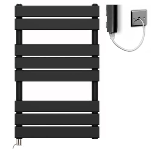 Image of 500mm Wide Flat Panel Matt Black Electric Pre-Filled Heated Towel Rail Radiator For Bathroom Designer Wide (Manual Electric Element, 500mm wide x 800mm high)
