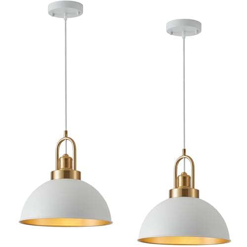 Image of Febeleven Pendant Ceiling Lights with Gold Finish, Kitchen Island Lights with Metal Lamp Shade, E27 Pendant Light Fitting, Adjustable Height Hanging Light for Bedroom Hallway Living Room 2 Pack