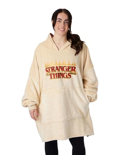 Image of Stranger Things Adults Wearable Blanket Hoodie | Men & Womens Oversized Cream Hooded Fleece Loungewear | Classic Logo Flame with Printed Hood Lining | Sleepwear Costume Netflix Series Merchandise Gift