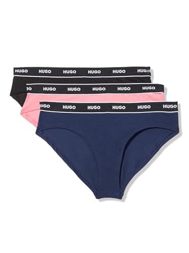 Image of HUGO Women's 3-Pack Repeat Logo Cotton Stretch Briefs, Black / Navy / Dusty Petal Pink, XS