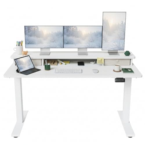 Image of FEZIBO Electric Height Adjustable Standing Desk, 150x60cm, with Double Drawers and Storage Shelf, White Frame/White Top