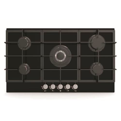 Image of Cookology Essentials AEGOG90BK Gas Hob 90cm - Gas on Glass Kitchen Hob - 5 Burner with 3.5kW Wok Burner - Cast Iron Stands - Auto Ignition - Flame Safety - LPG Kit - Black
