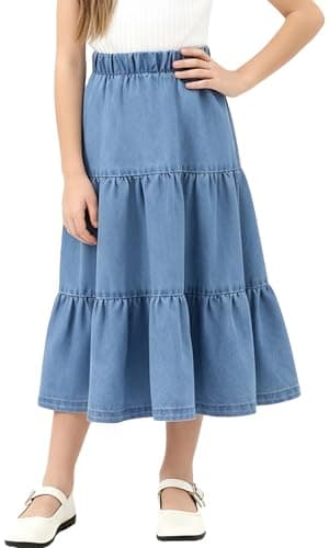 Image of Girls Denim Skirt Casual Solid Elastic High Waist Pleated Long Swing Midi Jean Skirt with Ruffle Hem Light Blue 9-10 Years