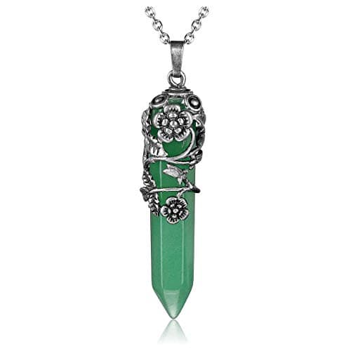 Image of JSDDE Vintage Silver Flower Wrapped Green Aventurine Healing Crystal Pendant Necklace
