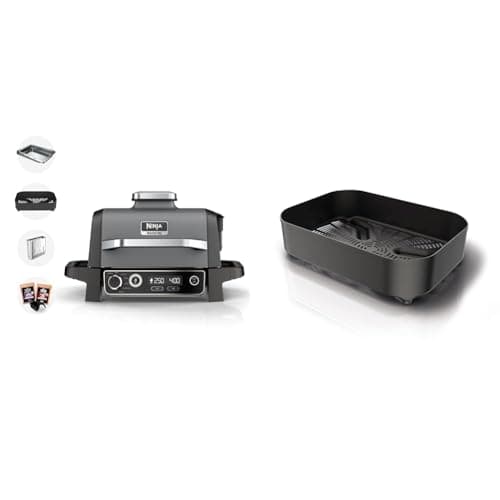 Image of Ninja Woodfire Electric BBQ Grill & Smoker, 7-in-1 Outdoor Barbecue Grill & Air Fryer, Grey/Black, OG701UK & Woodfire Combo Crisper Basket, Official Accessory, Black XSKCRISPBTEUK
