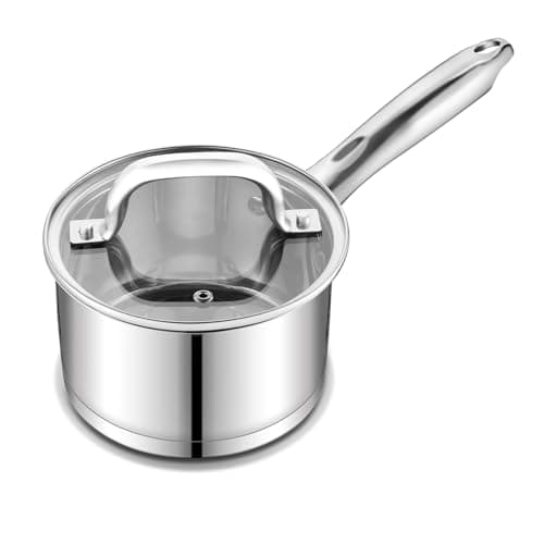 Image of Onader 14cm Saucepan, Stainless Steel Tri-Ply Base Milk Pan with Glass Lid, Induction Cooking Pan Suitable for All Kitchen Cooktops, Non-Toxic & Heavy Duty & Easy Clean - 1L