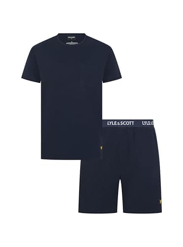 Image of Lyle & Scott Men’s Shane Waffle Cotton Pyjama Set - Pocket T-Shirt and Short Loungewear - Premium Textured Sleepwear for Men (UK, Alpha, M, Regular, Regular, Peacoat)