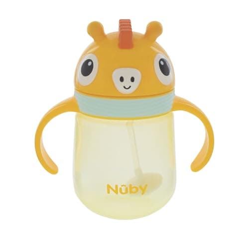 Image of Nuby Character Sippy Cup Water Bottle - Weighted Straw | 240ml / 8oz | Carry Handle | Trainer Cup | Suitable Beaker for 6 Months Plus (Giraffe)