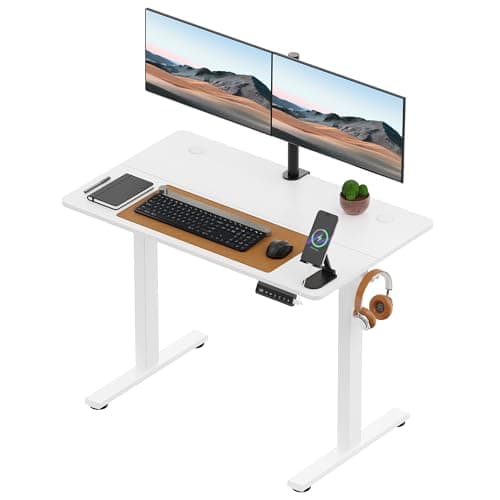 Image of VonHaus Electric Standing Desk, USB-C Charging Height Adjustable Sit Stand Desk with Anti-Collision, Height Preset Technology & Cable Management, White Two Piece Desktop & Steel Frame, 100x60cm