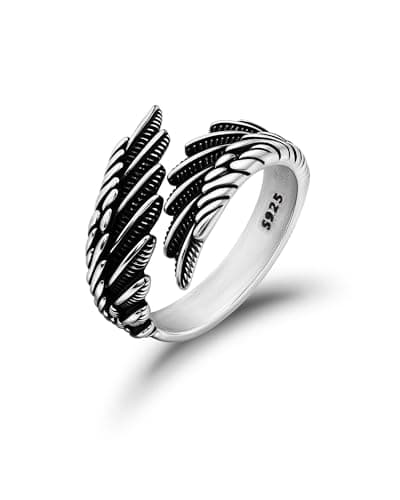 Image of Weviway 925 Sterling Silver Vintage Feather Ring, Adjustable Stacking Statement Angel Wing Thumb Ring, Boho Jewellery Gift for Women Men