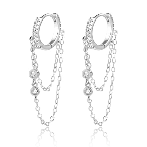 Image of ASH'S CHOICE 925 Sterling Silver Drop Earrings for Women, Small Silver Hoop Earrings with Double Chain Earrings Sterling Silver Huggies Hoop Earring with Chain Tassel Dangle Earrings for Women Girls