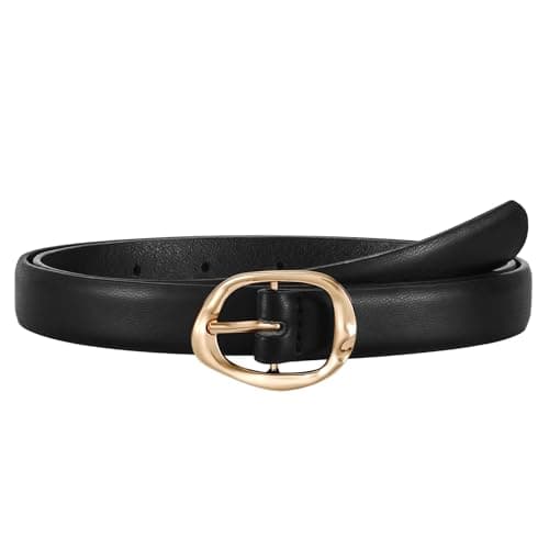 Image of LEACOOLKEY Skinny Leather Belt for Women Thin Waist Belt with Gold Buckle for Jeans Dresses,0.7" width