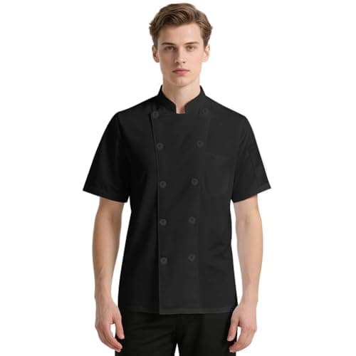 Image of DiULi Chef Jacket, Unisex Chef's Short Sleeve Jacket Professional Lightweight Chef Jackets Protective Safety Short Sleeve Coat Modern Chesfswear,Black-L