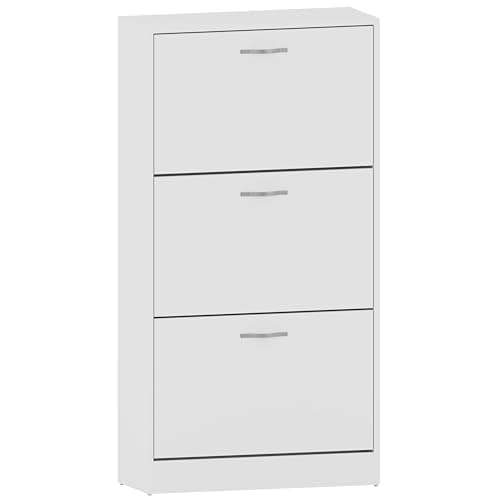 Image of Vida Designs Shoe Cabinet, Wooden Shoe Storage Unit with 3 Pull-Down Drawers, Multifunctional Dust-Proof Space-Saving Slim Cupboard for Hallway or Entryway (White)