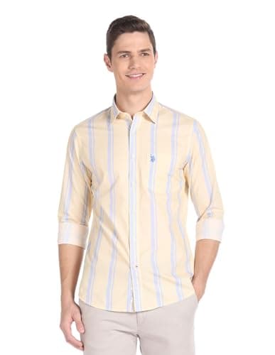 Image of U.S. Polo Assn. Men's Striped Regular Fit Shirt, Yellow, XL
