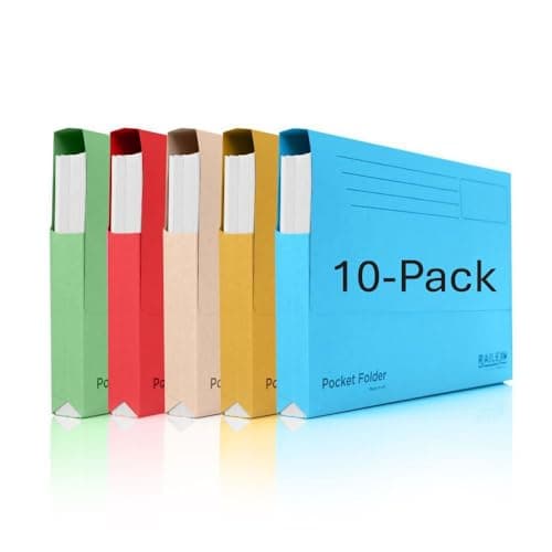 Image of Railex Pocket Folder Foolscap Document Wallets - Assorted Folders Pack of 10 for Paperwork A4 and A4+, Recycled Board File Foolscap Document Wallet, Premium Filing Folder for Office and Home