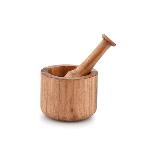 Image of Samhita Acacia Wood Mortar and Pestle for Garlic Pepper Herb Crusher Kitchen Utensils, Housewarming Gift Mortar size(Cm): 10.16cm x 7.62cm Pestel Size (CM): 13.97cm