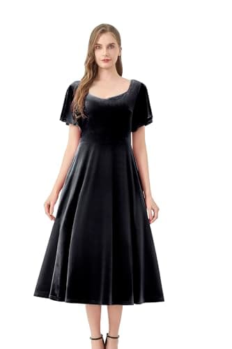 Image of AXOE Women's Velvet Evening Dress A-Line Midi for Autumn Winter Wedding Guest Cocktail Party Prom Black UK Size 16 XL