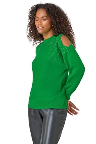 Image of Roman Sparkle Cold Shoulder Jumper for Women UK - Ladies Autumn Everyday Winter Holiday High Neckline Comfy Long Sleeve Soft Embellishment Detail Top Evening Sweaters - Green - Size 10