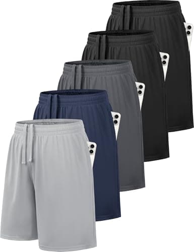 Image of GetGigt 5 Pack Boys Shorts Kids Youth School PE Football Basketball Sports Shorts Quick Dry with Elastic Waist Pockets (L,Black, Black, Dark Grey, Navy, Light Grey)
