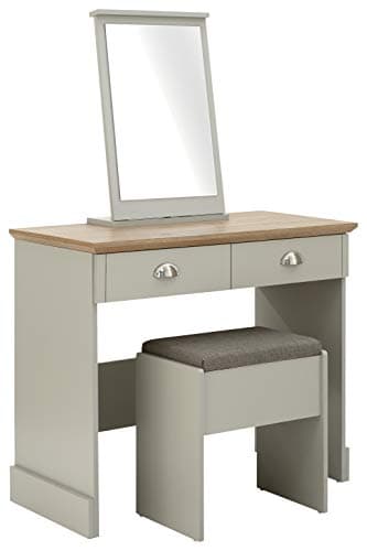 Image of GFW Kendal Dressing Table Set, Cushioned Stool and Mirror For Bedroom, Modern Dresser Vanity Desk With 20L Storage Drawers For Make Up, Hairdressing & Getting Ready, Grey & Oak, W90 x D45 x 13.5cm