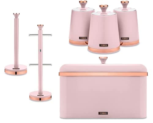 Image of TOWER Cavaletto Contemporary Kitchen Storage Set of 6 Items. Bread Bin, Tea, Coffee & Sugar Canisters, Mug Tree & Towel Pole. Stylish Matte Pink Finish with Elegant Rose Gold Accents