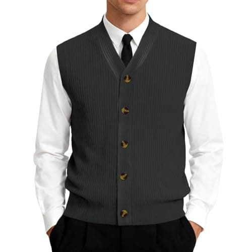 Image of Knitted Vest Mens V-Neck Vest Ribbed Knit Waistcoat Sleeveless Tank Tops Plus Size with Button-Down Jumpers 01-Black XL