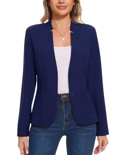 Image of MINTLIMIT Women's Blazer Jacket with Patch Pockets Casual & Office-Ready Long Sleeve 2-Button Closure Notch Collarless Design Blend (Navy Blue L)