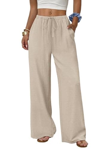 Image of Aokosor Linen Trousers Womens Wide Leg Trousers for Women UK Flowy Palazzo Drawstring Elastic Waist Ladies Trousers Women's Clothing Apricot L