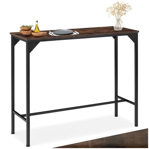 Image of tectake® Tall Dining Table with Industrial-Style Steel Frame & Warm Wood-Look Tabletop, Space-Saving & Height-Adjustable Bar Table with Easy Setup for Dining Room, Kitchen & Home Bar - Dark Wood