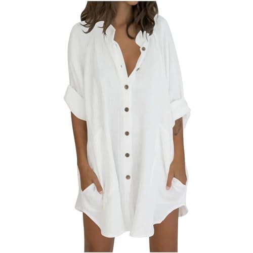 Image of Flodxo Womens Tops Oversized Cotton Linen Button Up Shirts Summer Casual Blouse Roll-Up Sleeve Tops Extra Long Top with Pockets Hawaii Beach Cover Up Ladies Clothes White 3XL