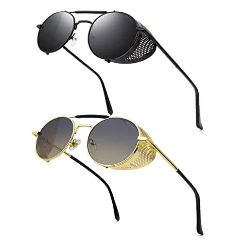 Image of RONSOU Steampunk Style Round Vintage Sunglasses Retro Eyewear UV400 Protection Matel Frame Grey & Brown Gradient Lens