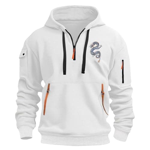Image of Quarter Zip Dragon Printed Hoodies for Men, Autumn and Winter Cargo Long Sleeve Multi Pockets Hooded Sweatshirts Outdoors Comfy Workout Big & Tall Tops (White, M)