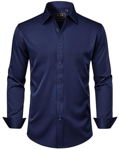 Image of J.VER Mens Shirts Long Sleeve Fashion Dress Non Iron Stretch Formal Button Down Shirt for Business Casual Wedding Work Navy Blue XL
