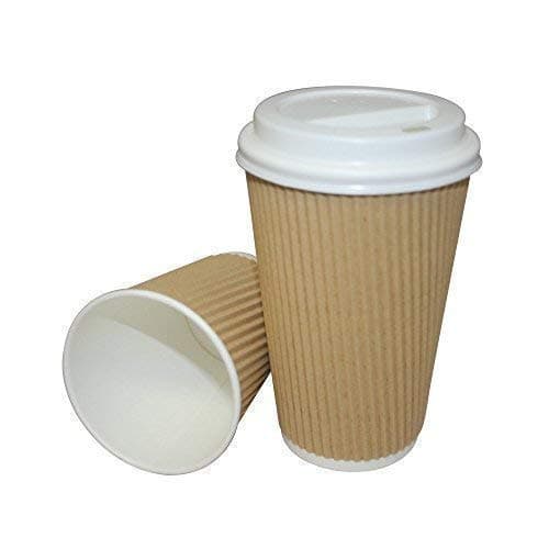 Image of We Can Source It Ltd - 200 x 8oz Kraft Ripple Cups 3-PLY Disposable Insulated Paper Coffee Cups with White SIP Through LIDS