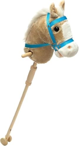 Image of BEJOY Stick Horse with Wood Wheels, Hobby Horse Toy, Real Pony Neighing and Galloping Sounds Plush Toy Beige 36 Inches(AA Batteries Required)