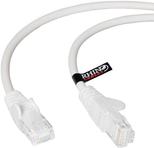 Image of rhinocables CAT5e High-Speed Ethernet Patch Network Cable for LAN — Snagless Cable with RJ45 Connector Lead — Ideal for Internet, Router, Modem, Smart TV, PC & Laptop (3m, White, Pack of 3)
