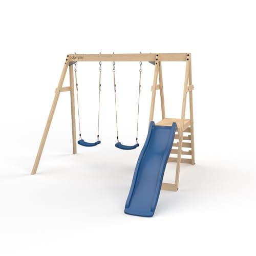 Image of Plum Play Tamarin Wooden Garden Double Swing and Slide Childrens Outdoor Climbing Frame - 3 Years Plus - Max User 50kg per Accessory (Blue)