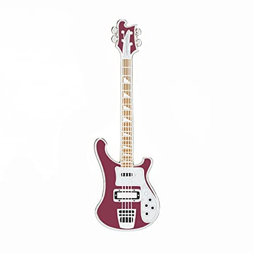 Image of Enamel Bass Guitar Pin Badge by Geepins | Miniature Rick 4001 Brooch | 54 mm Length | Wear on Backpack, Shirt, Jacket, Lapel, Hat, or Tie | Presented in a Guitar Case Gift Box