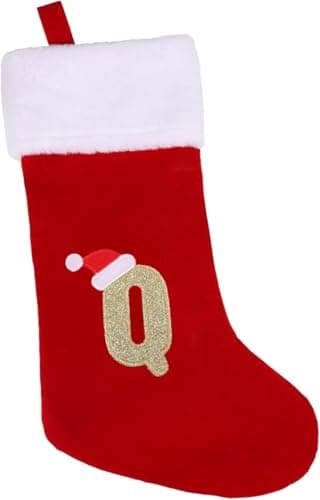 Image of VEYLIN Christmas Stockings with Letters Embroidered Stockings Christmas 20 Inch Stockings with Letters, Plush Christmas Stockings Christmas Stockings for Kids/Adult Red Letter(Q)