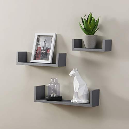 Image of Homme Concept - Floating Shelves Set of 3 - U Shaped Composite Wood Wall Mounted Display Shelf for Bedroom, Living Room, Bathroom, Kitchen, and Office (Grey)