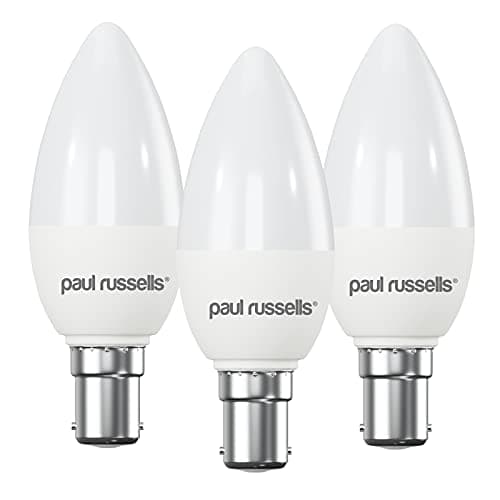 Image of paul russells LED Light Small Bayonet Cap B15, 40watt Equivalent, 4.9W 470LM LED Bulbs, 2700K Bright Warm White, Frosted C35 SBC Candle Energy Saving Non-Dimmable Chandelier Lightbulbs, 3 Pack