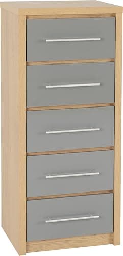 Image of Seconique Seville 5 Drawer Narrow Chest in Grey Gloss/Light Oak Effect Veneer