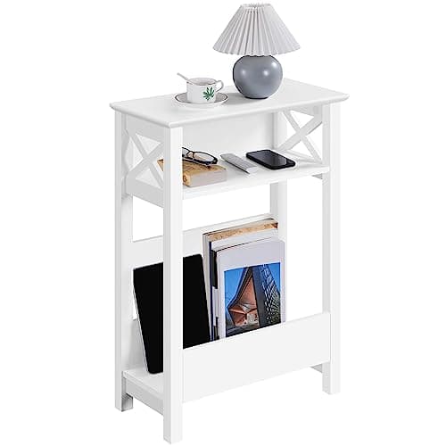 Image of Yaheetech Narrow Side Table, Slim End Table with Storage Shelf, 70cm Height Sofa End Table, Morden Thin Side Table Small Bedside Table Nightstand with Magazine Rack for Living Room Small Space