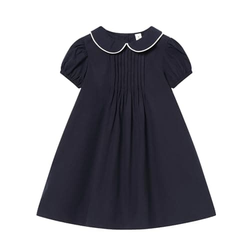 Image of Mud Kingdom Toddler Girls Dress Peter Pan Collar Smocking Dresses for Girl Puffy Short Sleeve Summer Dress Navy Blue 3 Years